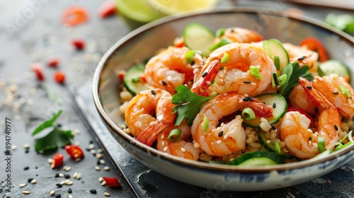 Delicious, fresh Poke with shrimps, beautiful serving, exquisite decor, light interior, staged professional photography, food photography  © shooreeq