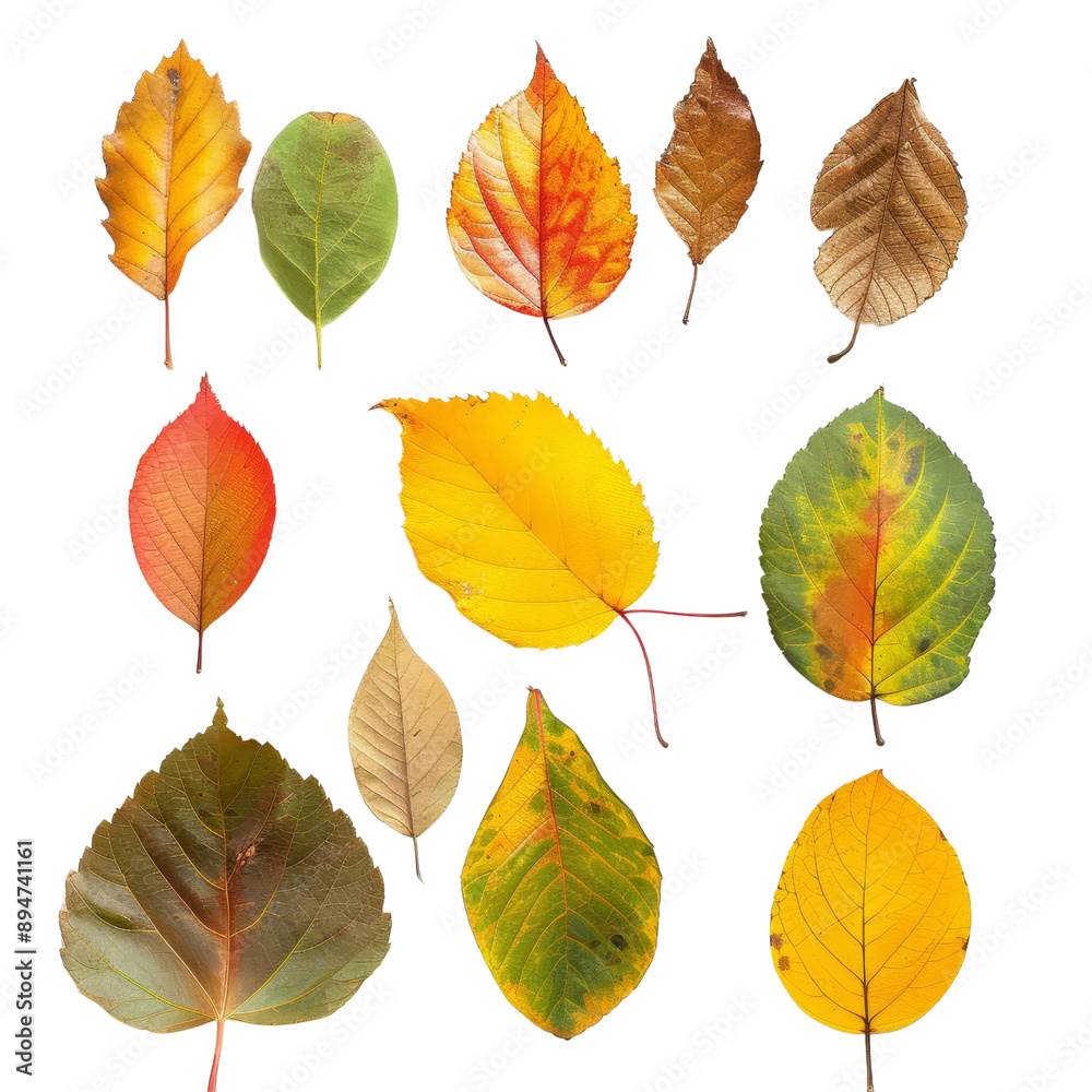 Obraz premium A collection of colorful autumn leaves of various shapes and sizes on a white background, perfect for seasonal designs.