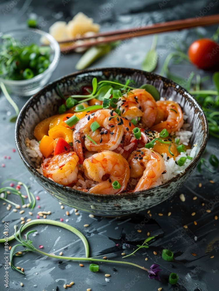 Delicious, fresh Poke with shrimps, beautiful serving, exquisite decor, light interior, staged professional photography, food photography Delicious, fresh Poke with shrimps, beautiful serving, exquisite decor, light interior, staged professional photography, food photography