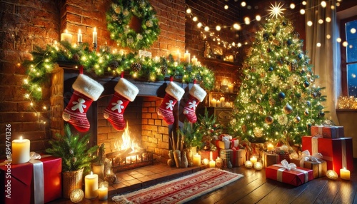 Festive Christmas Fireplace with Gifts