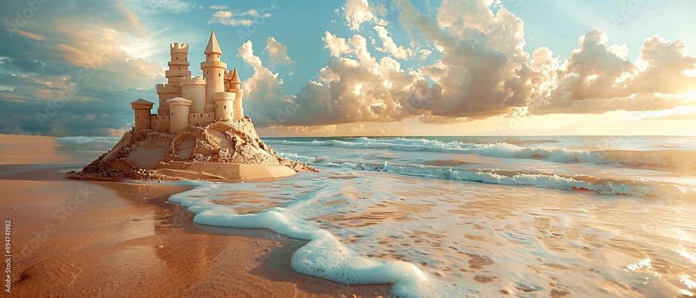 Fototapeta premium Majestic Sand Castle on Serene Beach Shoreline