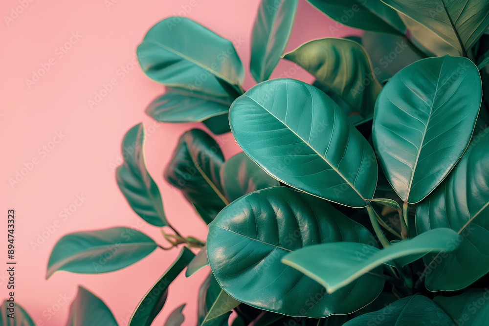 A green leafy tropical plant with big leaves on a pink background