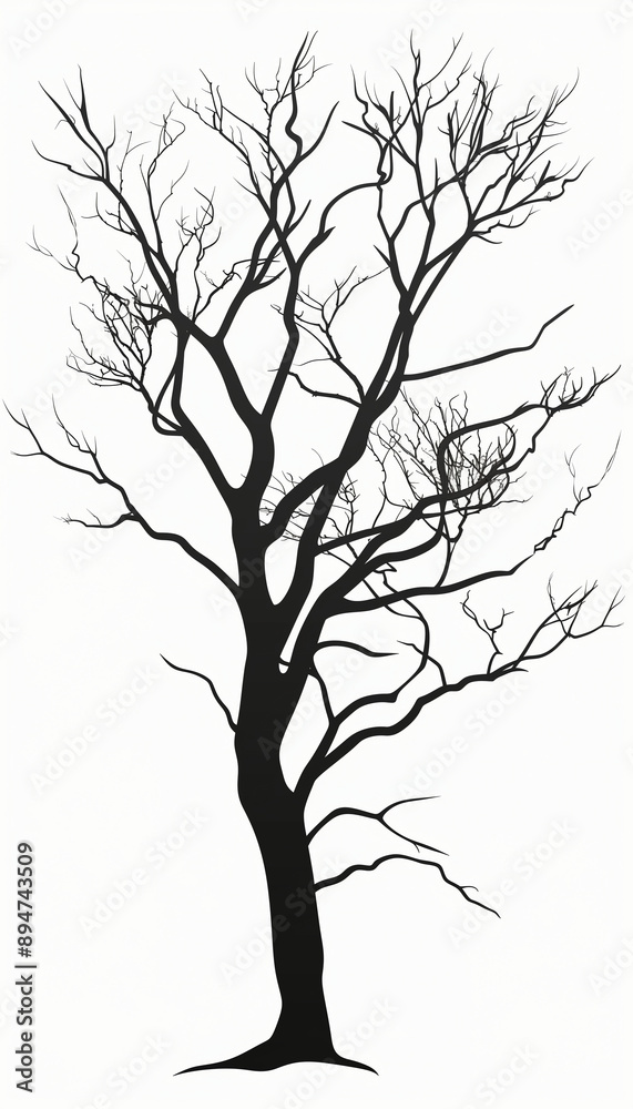 A silhouette of a tree with no leaves is shown in black and white A silhouette of a tree with no leaves is shown in black and white