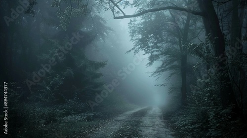 Spooky Woodland Trail in Foggy Atmosphere with Dark, Bare Trees. Generative AI © Svetlana