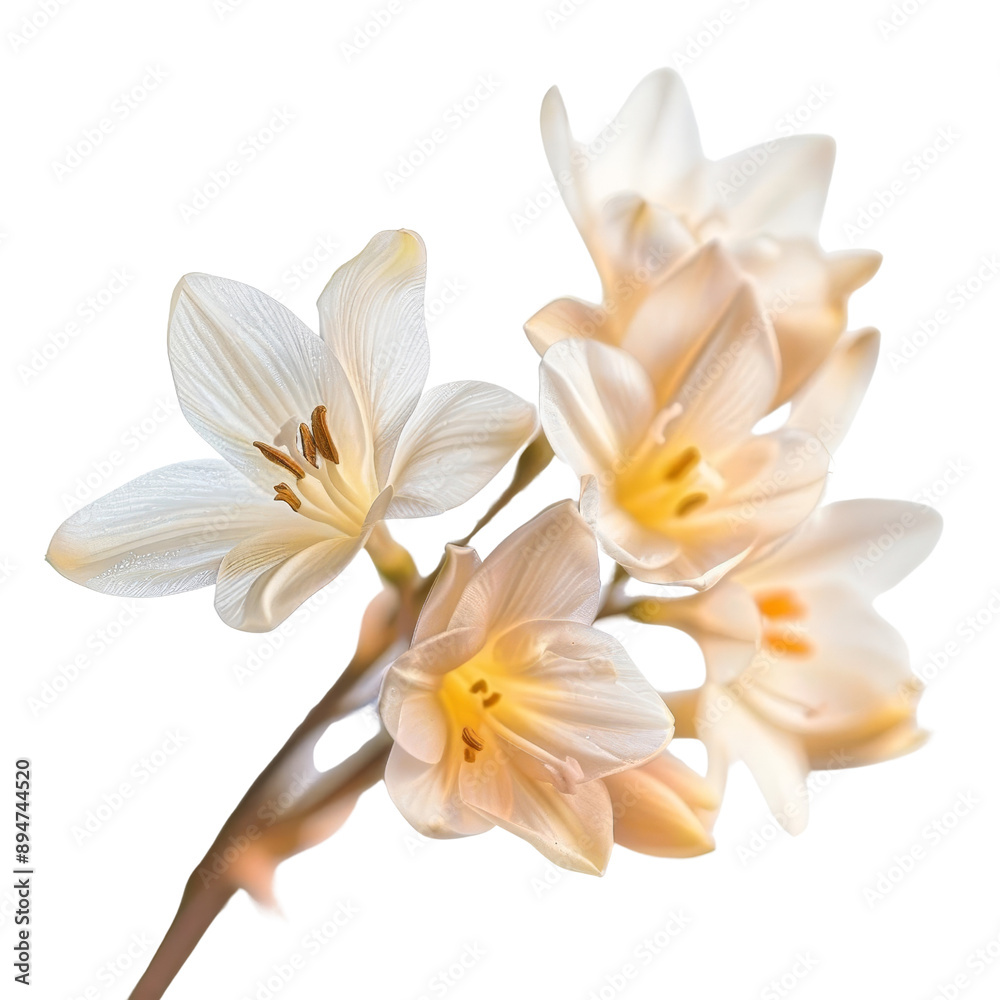 Beautiful close-up of delicate white flowers in bloom with soft petals and vibrant stamens, isolated on a white background. Beautiful close-up of delicate white flowers in bloom with soft petals and vibrant stamens, isolated on a white background.