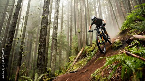Fototapeta Naklejka Na Ścianę i Meble -  Mountain Biking Adventure: An action shot of a mountain biker navigating a rugged trail through a dense forest. The image should capture the thrill and intensity of the ride, with the biker in mid-air