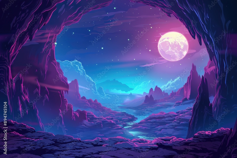 Mystical landscape of an alien planet with a glowing moon and river running through a canyon. Mystical landscape of an alien planet with a glowing moon and river running through a canyon.