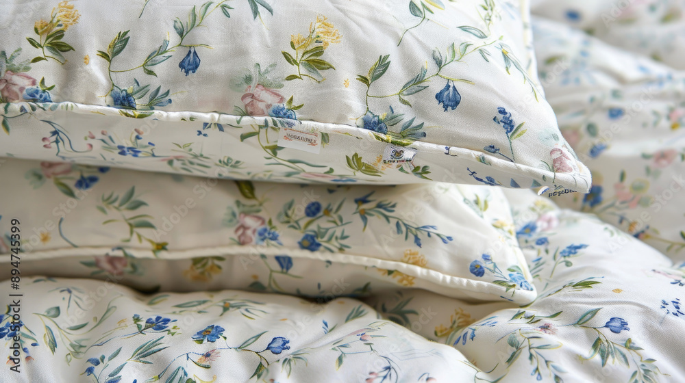 Close-up of white floral pillowcases with a delicate blue flower pattern