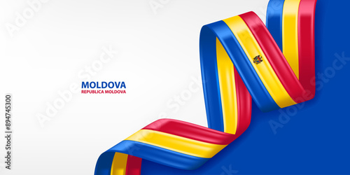 Moldova 3D ribbon flag. Bent waving 3D flag in colors of the Moldova national flag. National flag background design.