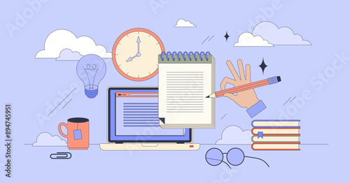 Study tools and stationary for learning tiny person neubrutalism concept. Supplies for school or e-learning university vector illustration. Effective study with online website for effective process.