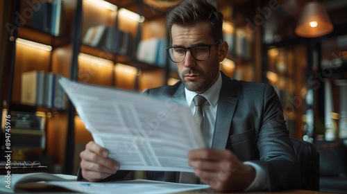 Businessman in Modern Office Reading Documents with Focused Expression, Surrounded by Shelves and Warm Lighting