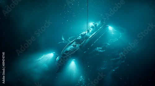 A ship is floating in the ocean with a blue light on it. The light is shining on the ship, making it look like it's glowing