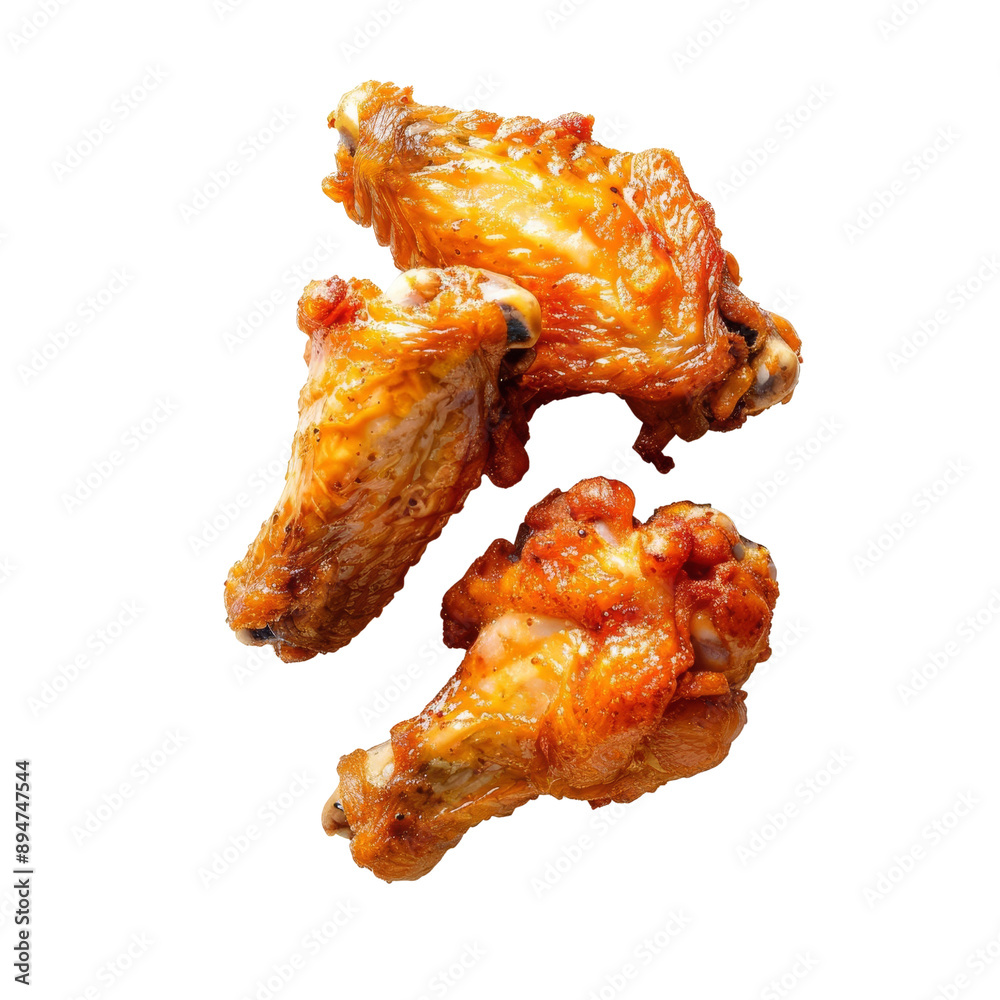 Close-up of three delicious, golden brown, crispy chicken wings isolated on white background, perfect for food and culinary concepts. Close-up of three delicious, golden brown, crispy chicken wings isolated on white background, perfect for food and culinary concepts.