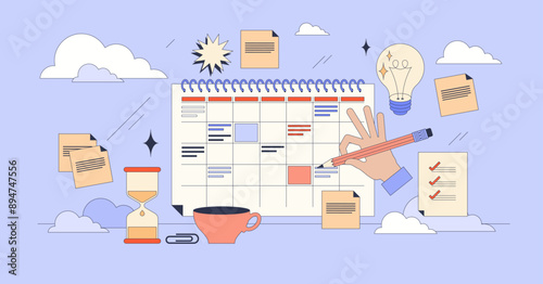 Study planner for effective time management tiny person neubrutalism concept. Plan for learning organization and timetable with homework, exam or lectures vector illustration. Monthly school calendar