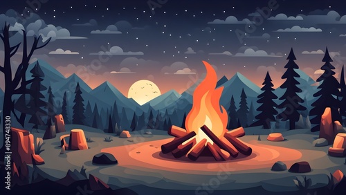 flat illustration of campfire night landscape