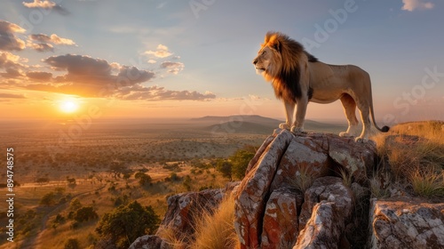 A regal lion looks over an expansive landscape from a rocky ledge at dawn, under a sky painted with soft hues, symbolizing mastery and dominion over the land.