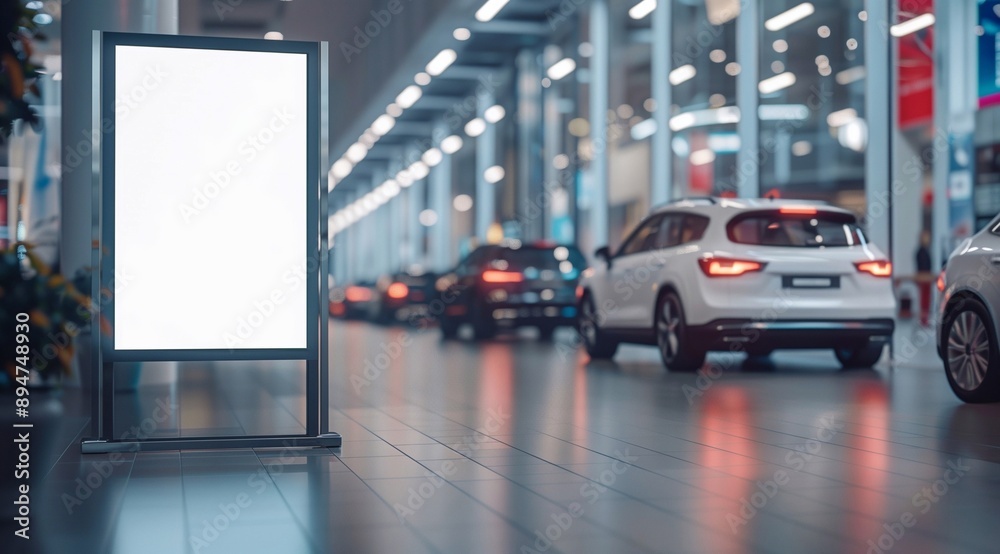 blank white poster in car dealership. blank white poster in car dealership.