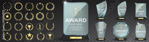 Glass award trophy set. Transparent prize template. Winner first place concept. Vector illustration. Winner glass trophy. First place award, crystal prize and signed acrylic trophies. Glass awarding