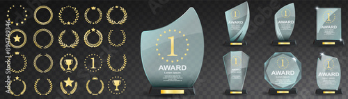 Glass award trophy set. Transparent prize template. Winner first place concept. Vector illustration. Winner glass trophy. First place award, crystal prize and signed acrylic trophies. Glass awarding