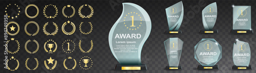 Glass award trophy set. Transparent prize template. Winner first place concept. Vector illustration. Winner glass trophy. First place award, crystal prize and signed acrylic trophies. Glass awarding