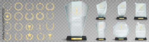 Glass award trophy set. Transparent prize template. Winner first place concept. Vector illustration. Winner glass trophy. First place award, crystal prize and signed acrylic trophies. Glass awarding
