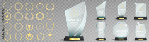 Glass award trophy set. Transparent prize template. Winner first place concept. Vector illustration. Winner glass trophy. First place award, crystal prize and signed acrylic trophies. Glass awarding