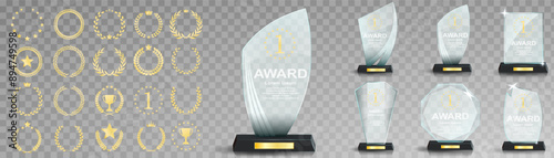 Glass award trophy set. Transparent prize template. Winner first place concept. Vector illustration. Winner glass trophy. First place award, crystal prize and signed acrylic trophies. Glass awarding