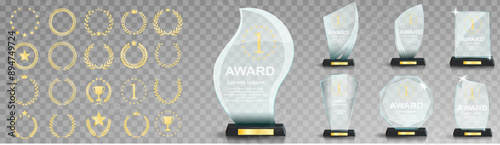 Glass award trophy set. Transparent prize template. Winner first place concept. Vector illustration. Winner glass trophy. First place award, crystal prize and signed acrylic trophies. Glass awarding