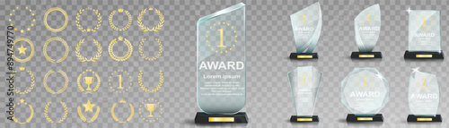 Glass award trophy set. Transparent prize template. Winner first place concept. Vector illustration. Winner glass trophy. First place award, crystal prize and signed acrylic trophies. Glass awarding