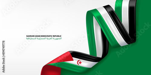 Sahrawi Arab Democratic Republic 3D ribbon flag. Bent waving 3D flag in colors of the Sahrawi national flag. National flag background design.