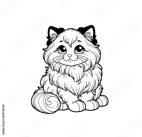 Adorable fluffy Ragdol kitten with big expressive eyes sitting happily. Perfect for kids' coloring books, children illustrations, playful designs. Vector illustration photo