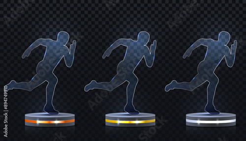 Glass award trophy set. Transparent prize template. Winner first place concept. Vector illustration. Winner glass trophy. First place award, crystal prize and signed acrylic trophies. Glass awarding