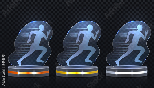 Glass award trophy set. Transparent prize template. Winner first place concept. Vector illustration. Winner glass trophy. First place award, crystal prize and signed acrylic trophies. Glass awarding