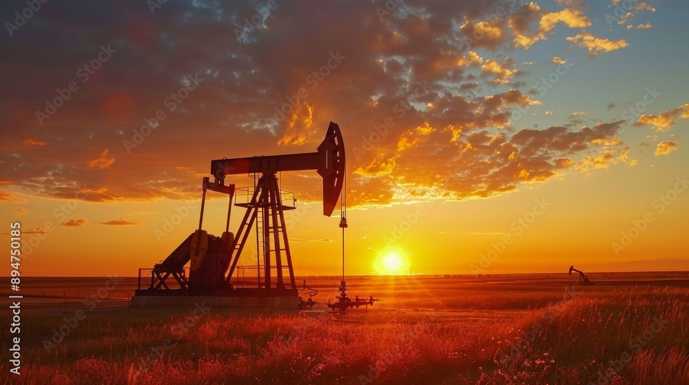 © COK House - A scenic sunset with a pumpjack in a field, colorful clouds, and a warm glow. The pumpjack stands out against the vibrant sky, creating a picturesque scene.