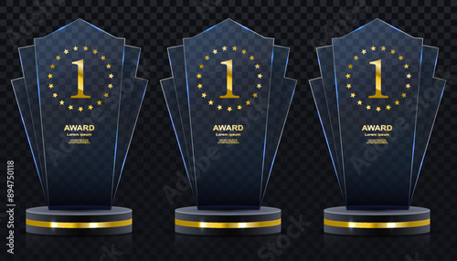 Glass award trophy set. Transparent prize template. Winner first place concept. Vector illustration. Winner glass trophy. First place award, crystal prize and signed acrylic trophies. Glass awarding
