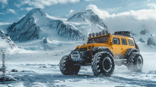 A yellow off-road vehicle in snowy mountains, ruggedly equipped, exuding adventure in a dramatic winter scene photo