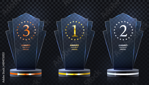 Glass award trophy set. Transparent prize template. Winner first place concept. Vector illustration. Winner glass trophy. First place award, crystal prize and signed acrylic trophies. Glass awarding