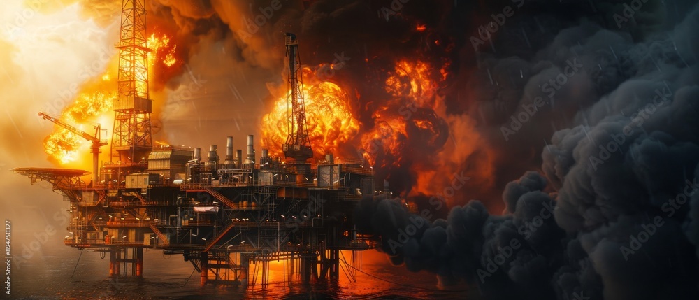 Offshore oil rig ablaze at sea with stormy skies and turbulent waters. Intense image shows nature in conflict with disaster, emphasizing an emergency at sea. Offshore oil rig ablaze at sea with stormy skies and turbulent waters. Intense image shows nature in conflict with disaster, emphasizing an emergency at sea.