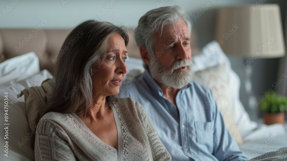 Elderly couple in cozy bedroom share emotional moment. Woman looks sad, man introspective. Room warm, intimate with cushions, plants. Elderly couple in cozy bedroom share emotional moment. Woman looks sad, man introspective. Room warm, intimate with cushions, plants.