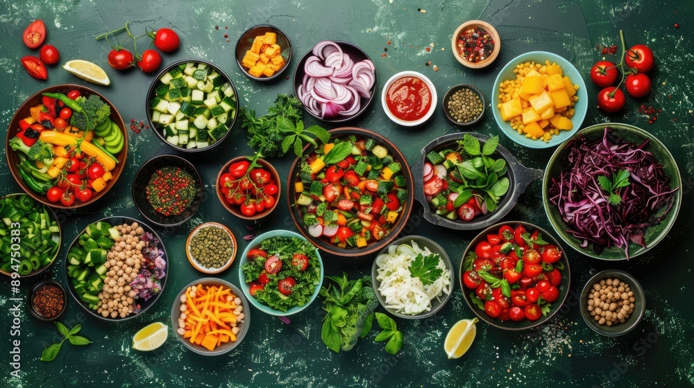Vegetable salad from above with side dishes on dark green backdrop Vegetable salad from above with side dishes on dark green backdrop