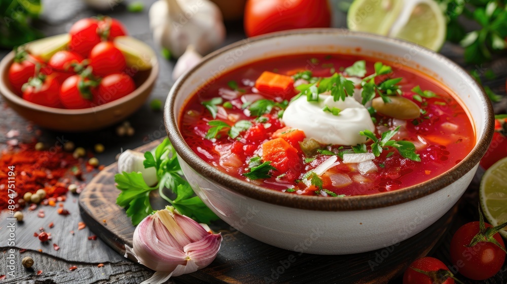 Vegetarian lunch with borscht soup sour cream and vegetable salad on lime background Vegetarian lunch with borscht soup sour cream and vegetable salad on lime background