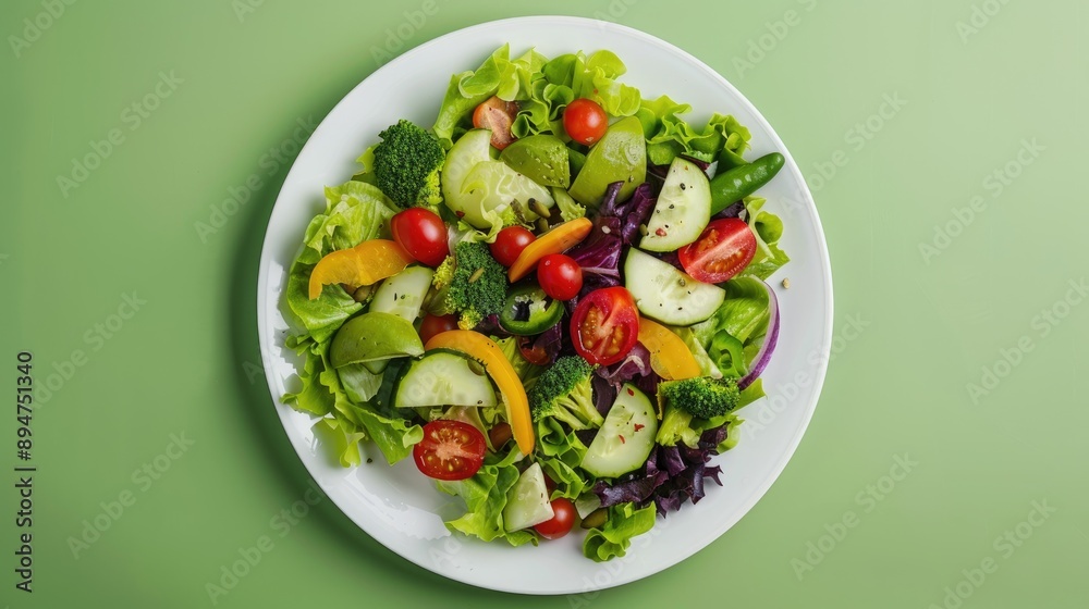 Vegan vegetable salad on a white plate against a green backdrop Vegan vegetable salad on a white plate against a green backdrop
