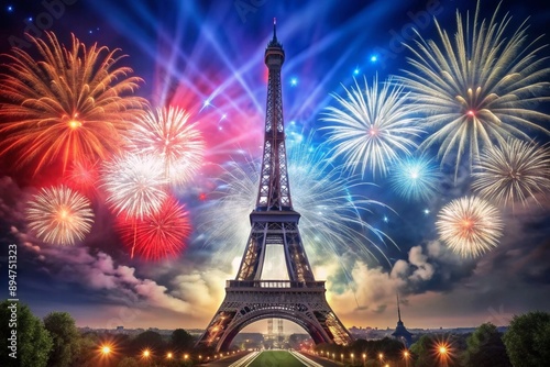 July 14th is the National Day of France. The national flag of France on the background of the Eiffel Tower. Fireworks, fireworks on the background of the night sky. Tricolour. photo