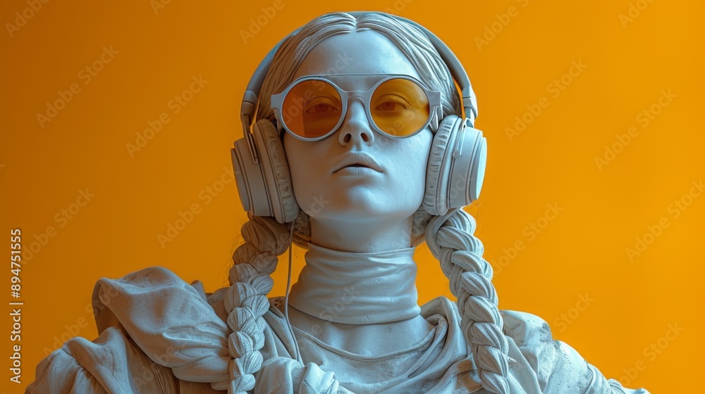 White plaster statue with headphones and sunglasses is posing on an orange background, showcasing a unique blend of classic art and modern style.
