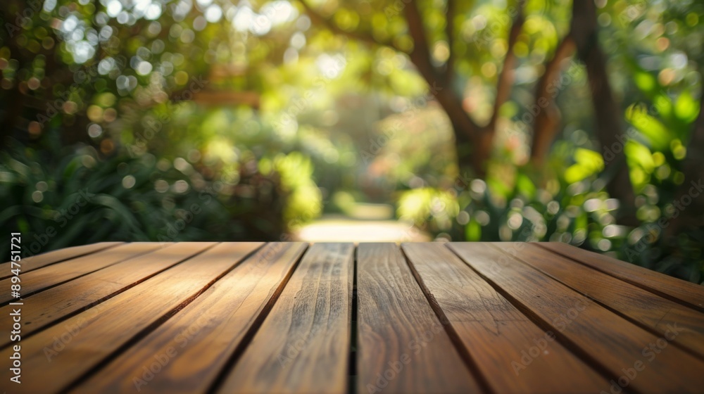 A wooden table sits in a garden, with blurry foliage in the background. Sunlight illuminates the scene. A wooden table sits in a garden, with blurry foliage in the background. Sunlight illuminates the scene.