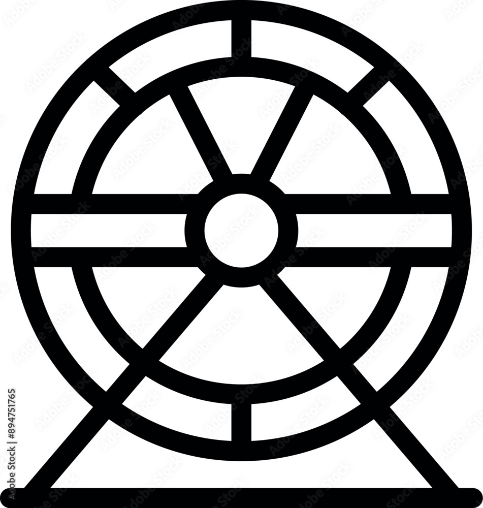 Black outline icon of a hamster wheel standing on a support frame, designed for a pet to run on Black outline icon of a hamster wheel standing on a support frame, designed for a pet to run on