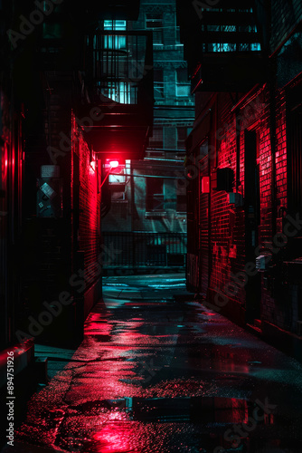 Creepy scary narrow alleyway at night in the city. Scary alley. © Melvillian