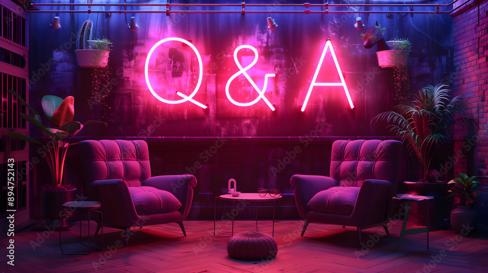 3d rendering podcast studio living room with The question and answer neon sign on the dark purple background 3d rendering podcast studio living room with The question and answer neon sign on the dark purple background