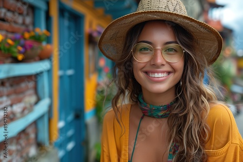 Happy Tourist Smiling in Colorful Bogota Street