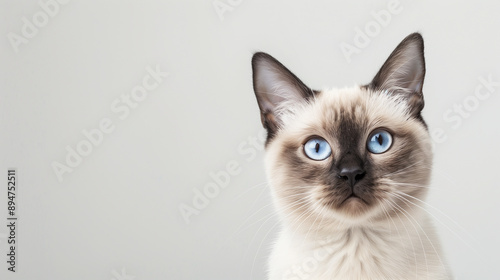 Siamese cat with bright blue eyes, sitting and staring intently at the camera. Simple grey background.